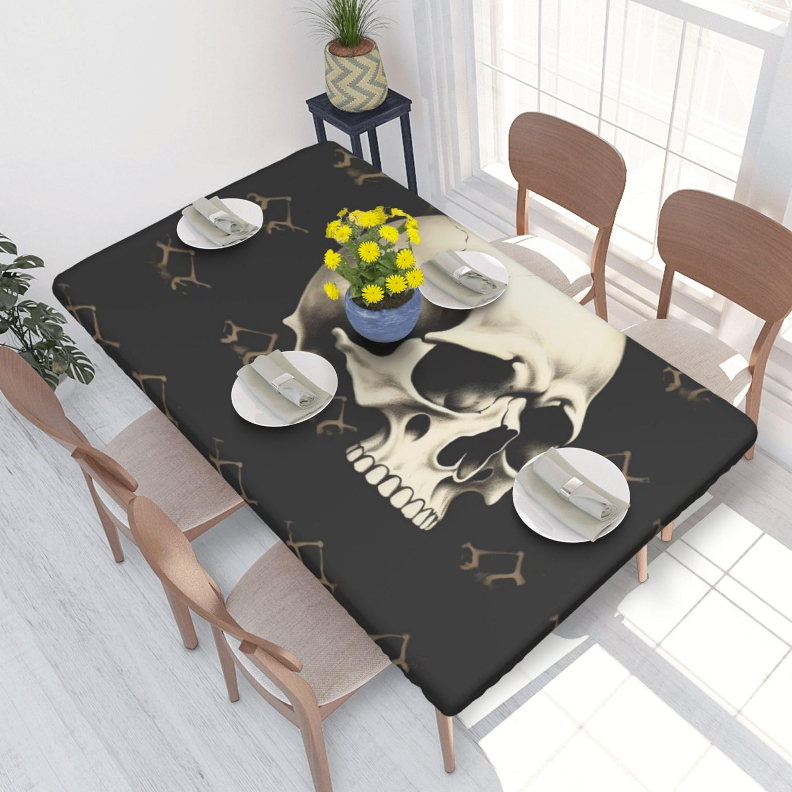 DCARSETCV Skull Printed 4FT Waterproof Tablecloth with Elastic Edged Protect & Decor Your Table, Oil-proof Washable Table Cloth Cover for Dinner Picnic Party
