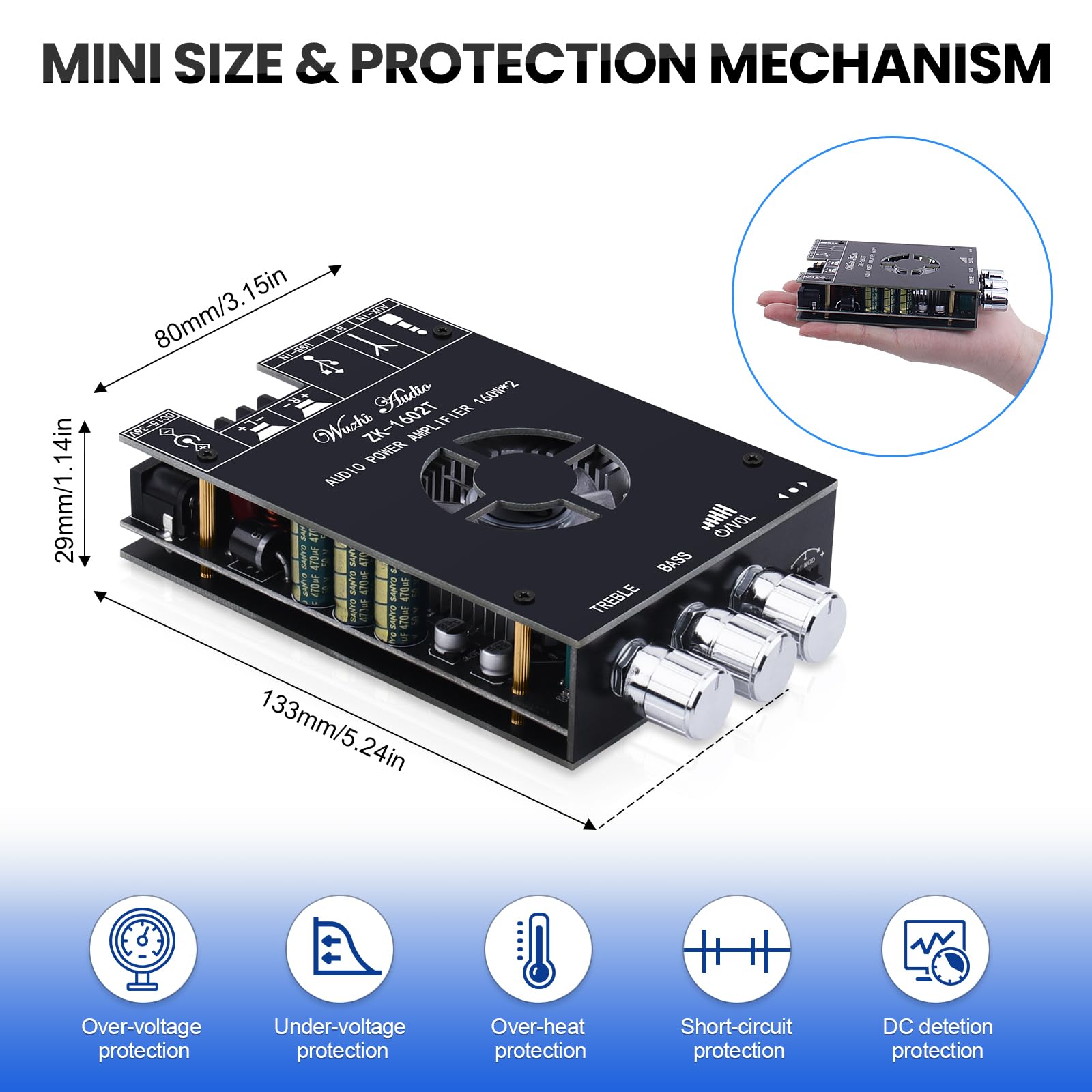 HiFi Verst?rker mit Bluetooth 5.0, ZK-1602T Power Amp f¨¹r Heimlautsprecher 2.0 Kanal 160W+160W Stereo Mini Audioverst?rker Modul TDA7498E Chip mit TB, USB, AUX, DC 15-36V
