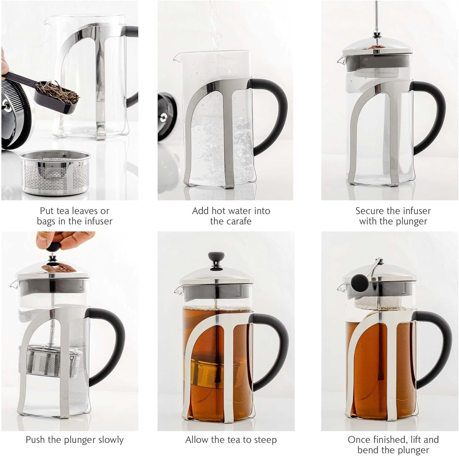 Six-step visual guide for brewing tea with a French press and infuser: add tea, add hot water, secure infuser, push plunger, steep, lift plunger.