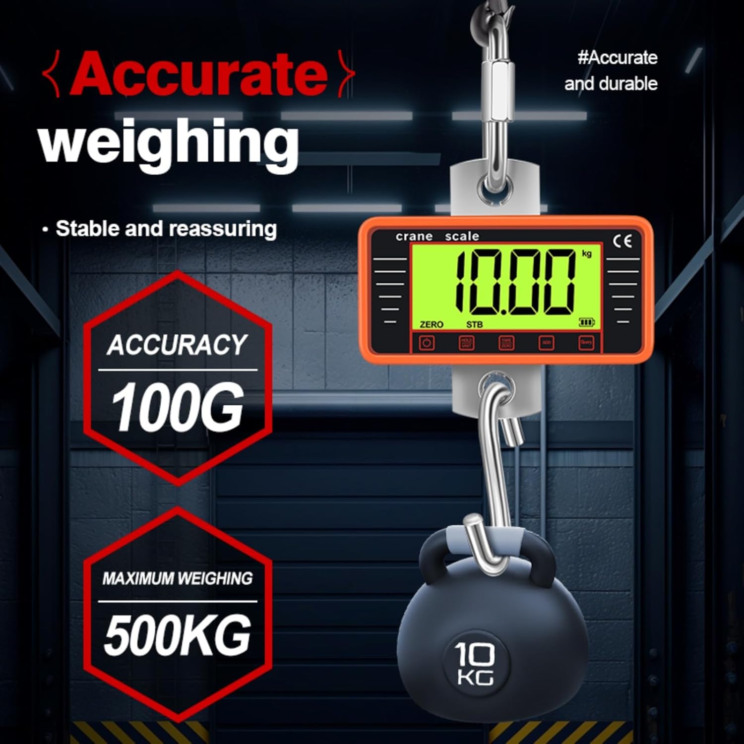 500kg/1100lbs Heavy-Duty Digital Hanging Scale: Digital Hanging Scale with Large Backlit LCD Screen - Three Units Switchable (kg/Lb/N) for Industrial and Outdoor Operations (Orange)