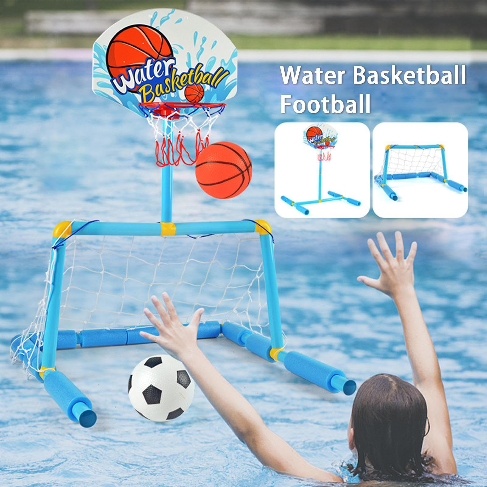 Portería De Baloncesto Para Piscina | 2 en 1 Portería de Fútbol Flotante para Piscina con 2 Balones y 1 Bomba | Acuático Interactivo Para Niños Mayores De 4 Años Y Adultos Reuniones Familiares
