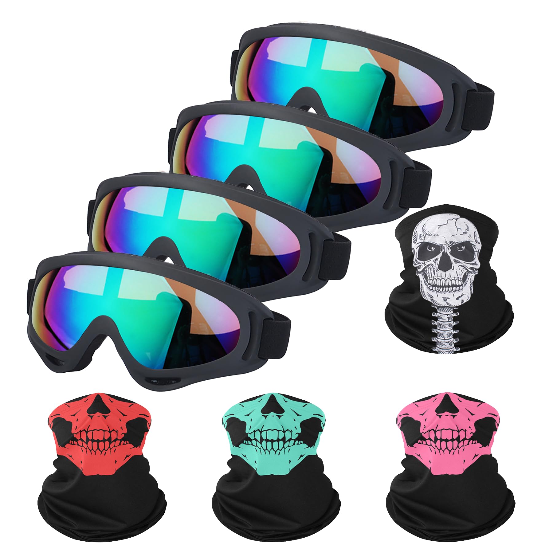 LJDJ Motorcycle Goggles,4 Pack Dirt Bike ATV Motocross Riding Offroad Protective with 4 Pack Neck Breathable Bandana Mask for Men Women Kids Youth