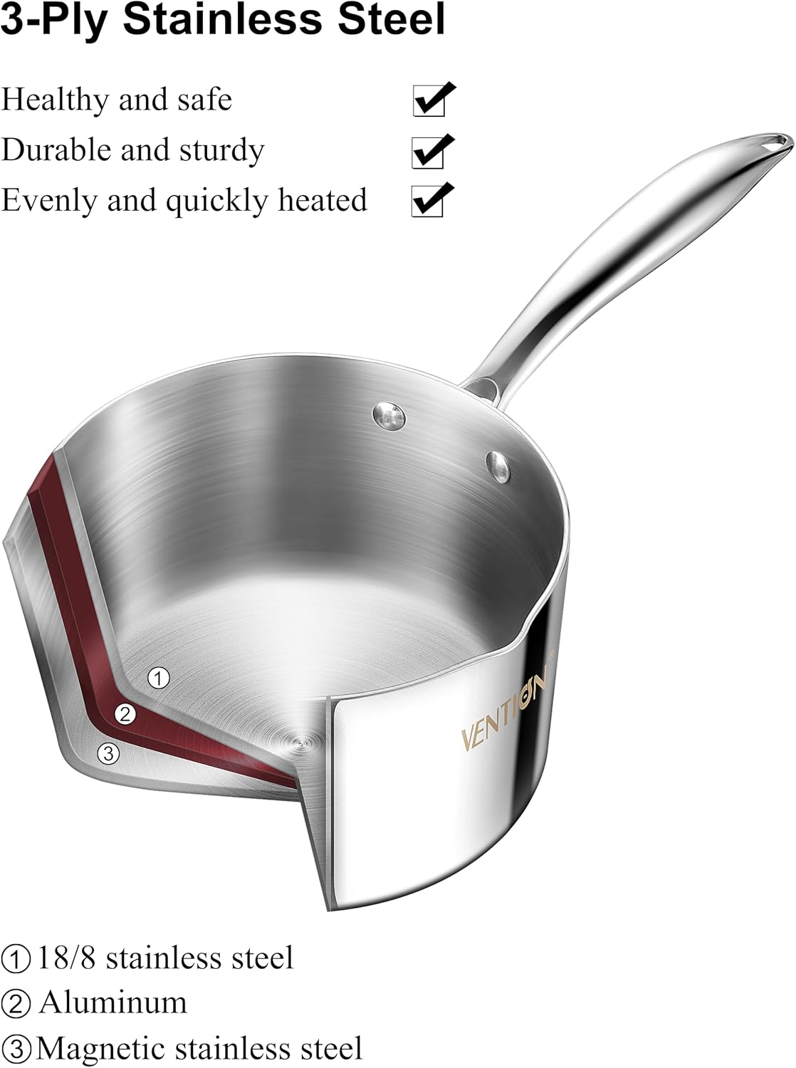 VENTION Tri-Ply Stainless Steel 1.4 Quart Saucepan with Lid, Small Sauce Pan with Pour Spout, Small Stainless Steel Pot for Tea and Milk