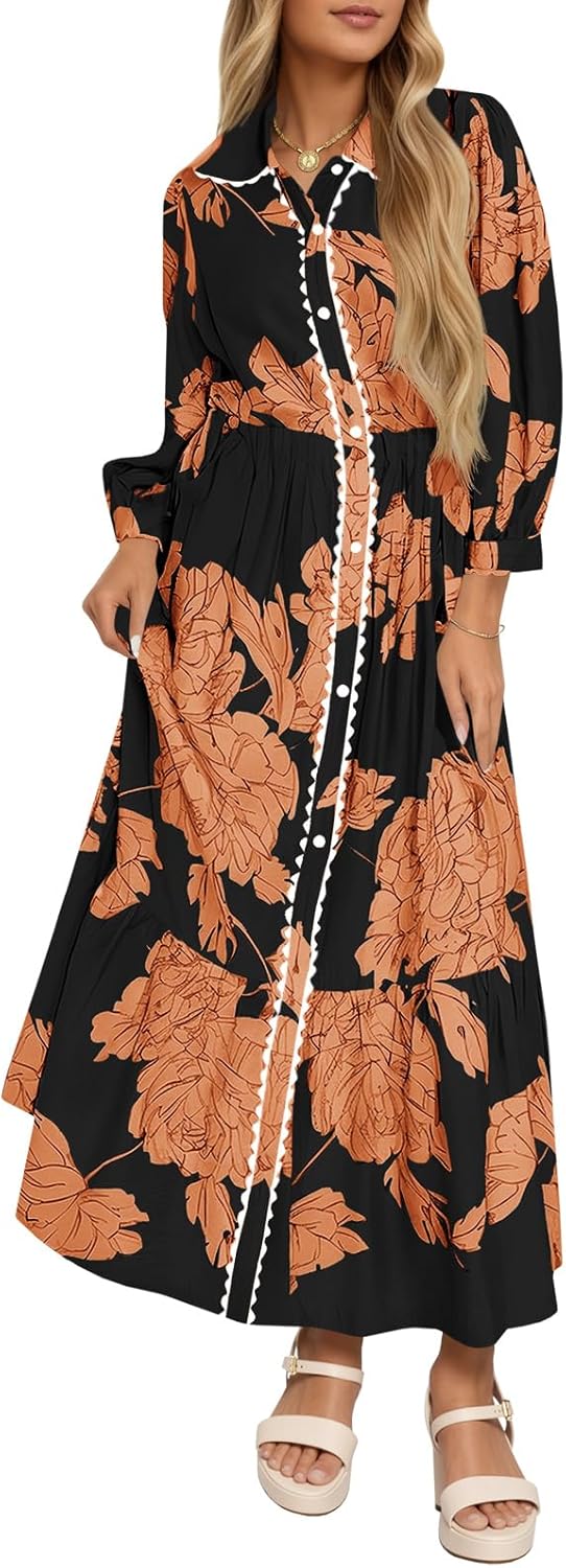 Wenrine Womens Maxi Shirt Dress Casual Floral Collared 3/4 Long Sleeve Drawstring Waist Fall Button Down Dresses