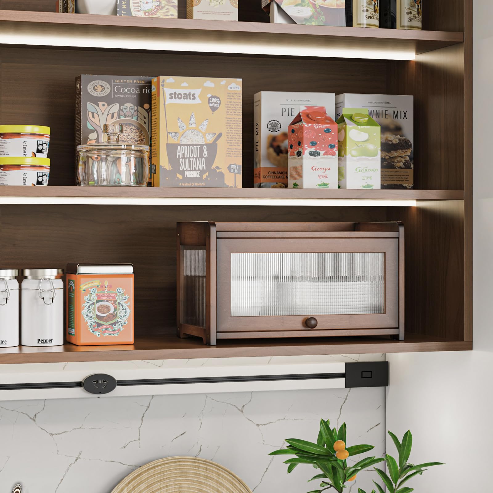 BAMBANG Panera de bambú para encimera de cocina, contenedor de almacenamiento de pan de gran capacidad, caja de pan de granja con 3 lados ondulados y ventana trasera transparente, soporte para panera