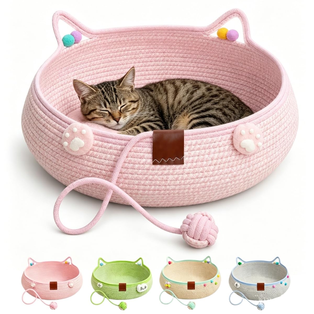 Handwoven Cat Instinct Basket Bed With Cushion & Hanging Ball Toy for Dogs (Pink,S-35cm)