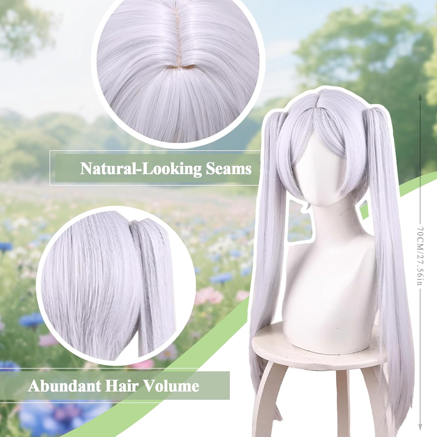Silver Anime Cosplay Halloween Wig: Long Silver White Cosplay Wig + 2 Hair Caps, Long Wigs with 2 Ponytails, Halloween & Christmas Parties Anime Events Hairstyle for Women & Teens - Image 5