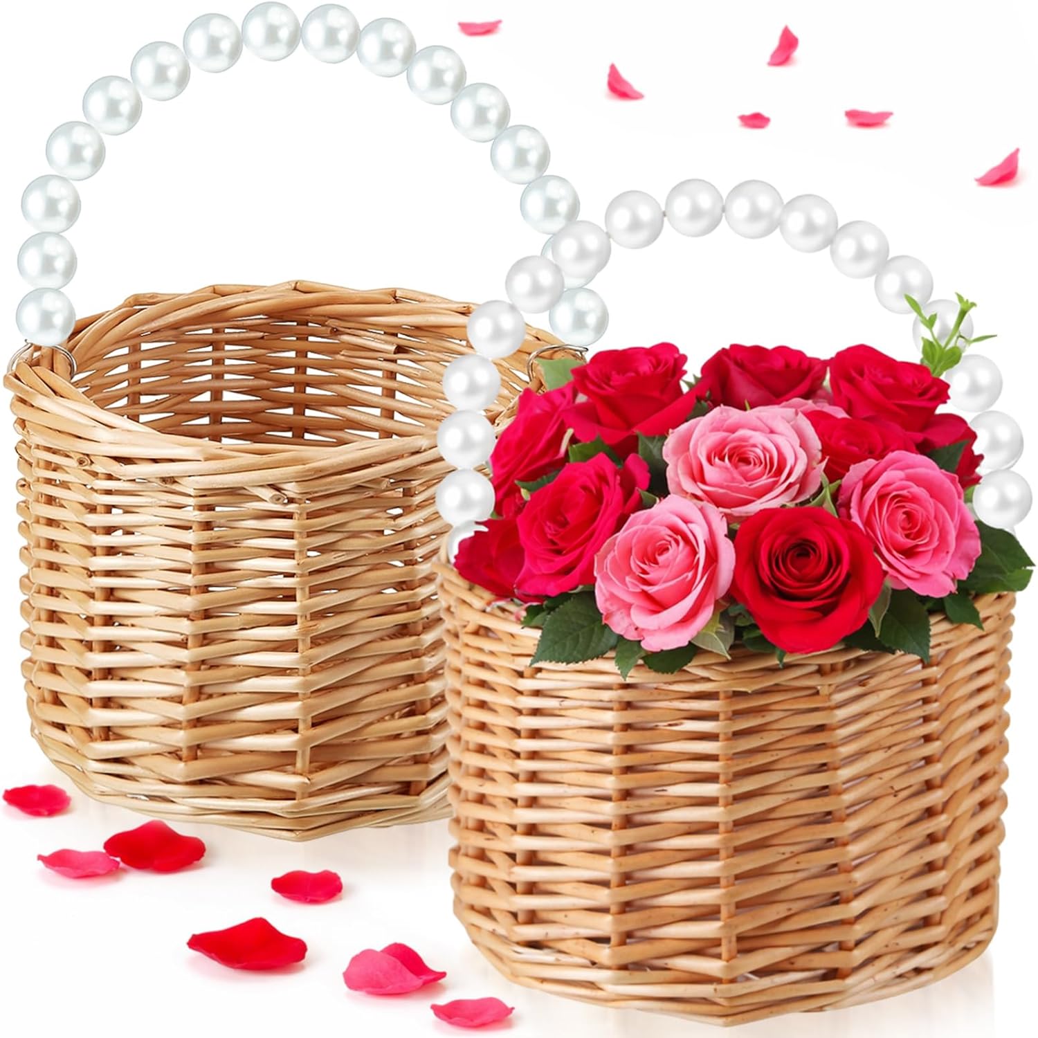 Soaoo Set of 4 Wicker Rattan Flower Girl Basket, Pearl Handle Flower Basket, Rose Petals Easter Eggs Candy Storage for Rustic Wedding and Home Decorations (Without Ribbon Bow)