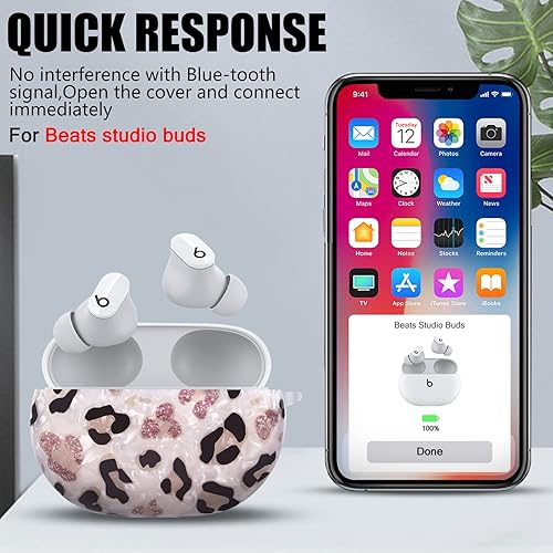 Miniatura 4 de Diseño de carcasa de mármol con purpurina para Beats Studio Buds con cadena de muñeca de perla, llavero con cubierta protectora de piel brillante