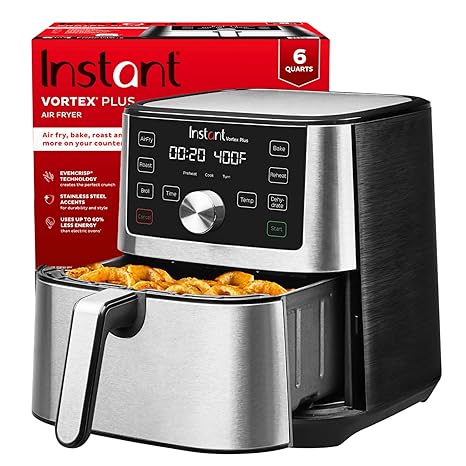 Instant Vortex Plus 6L Air Fryer, 6-in-1 with 360° EvenCrisp Technology, Touch Control Panel, Uses 95% Less Oil, Air Fry, Roast, Grill, Bake, Reheat & Dehydrate, 1500W, PFOA-Free & BPA-Free, 230V