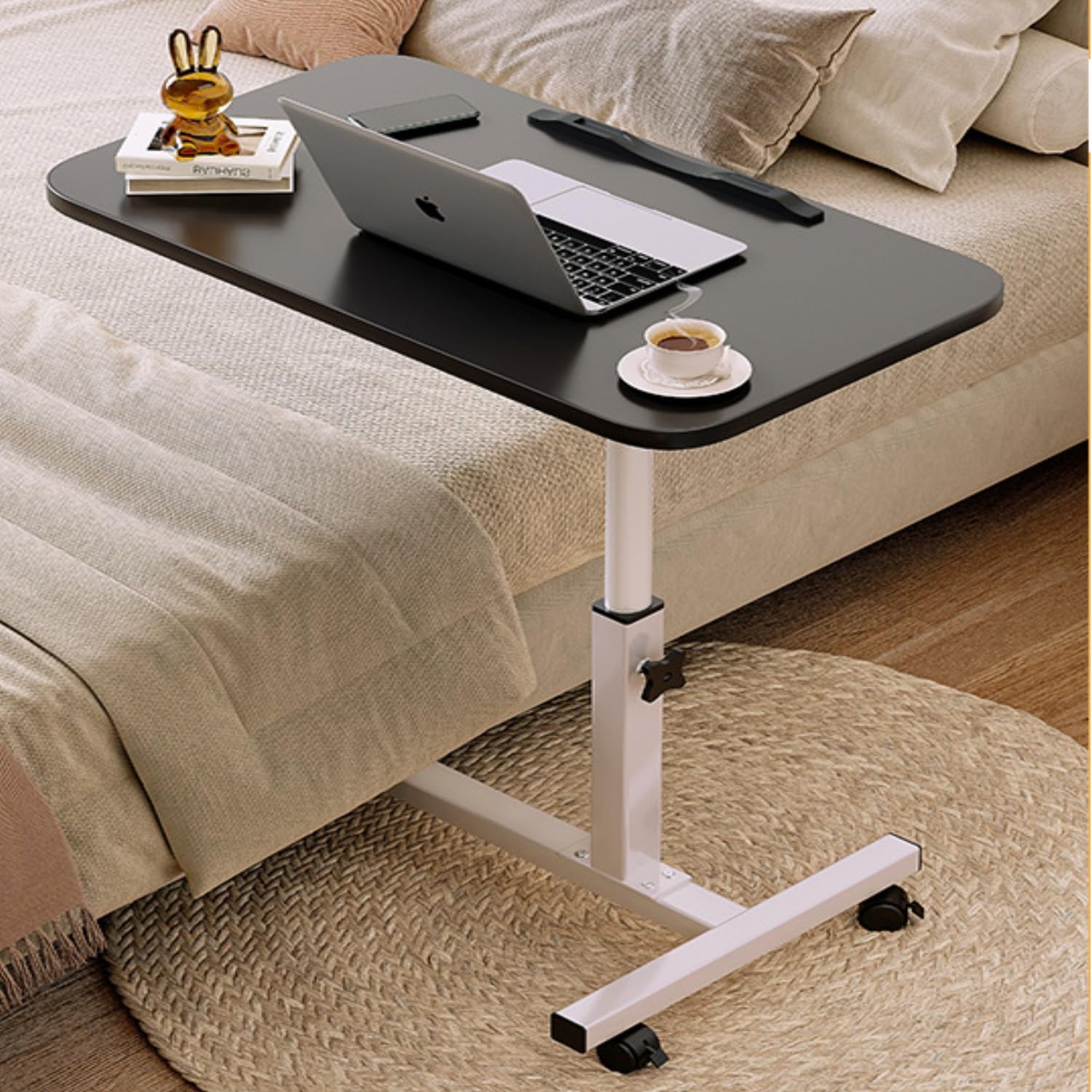 Mobile Overbed Table with Wheels, Peng General Adjustable Overbed Bedside Table with Wheels, Mobile Laptop Computer Standing Desk Cart with Tray (Black 55x32x59 cm), P-211
