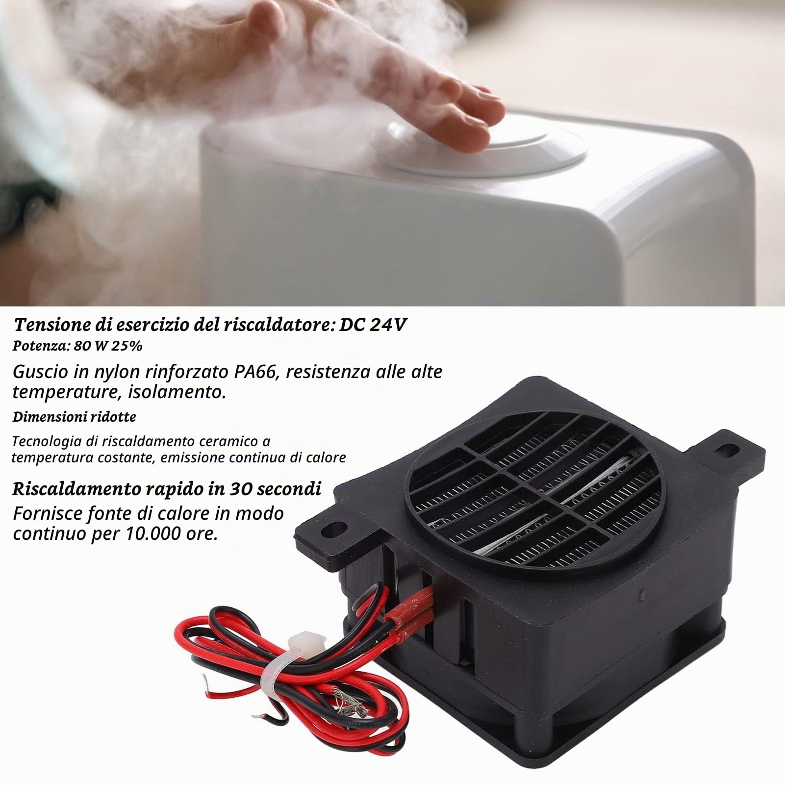 Tyenaza Termoventilatore PTC Riscaldatore Elettrico 24V, 30S Riscaldamento Rapido Riscaldatore Ceramico Elettrico, Isolamento a Temperatura Costante Ventola di Riscaldamento PTC Portatile da 80W