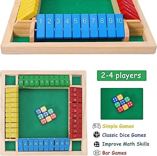 Miniatura 7 de Shut The Box, juego de madera con 8 dados clásicos para 4 jugadores, para aula, hogar, fiesta o pub, mejora las habilidades matemáticas y de toma de