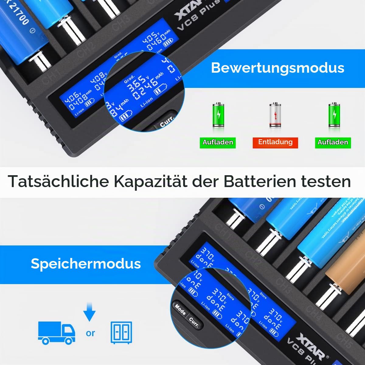 18650 Batterieladegerät 1,2 V AAA AA 3,6 V Liion XTAR VC8 Plus Batterieladegerät Testen Sie die Batteriekapazität