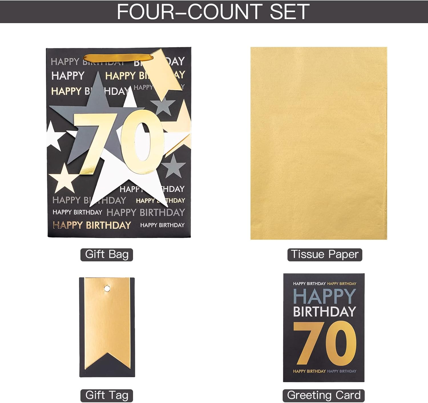 Loveinside Birthday Gift Bag with Tissue Paper and Greeting Card for 70 Birthday - 10" x 5" x 13", 1 Pcs, Black Gold - Image 8