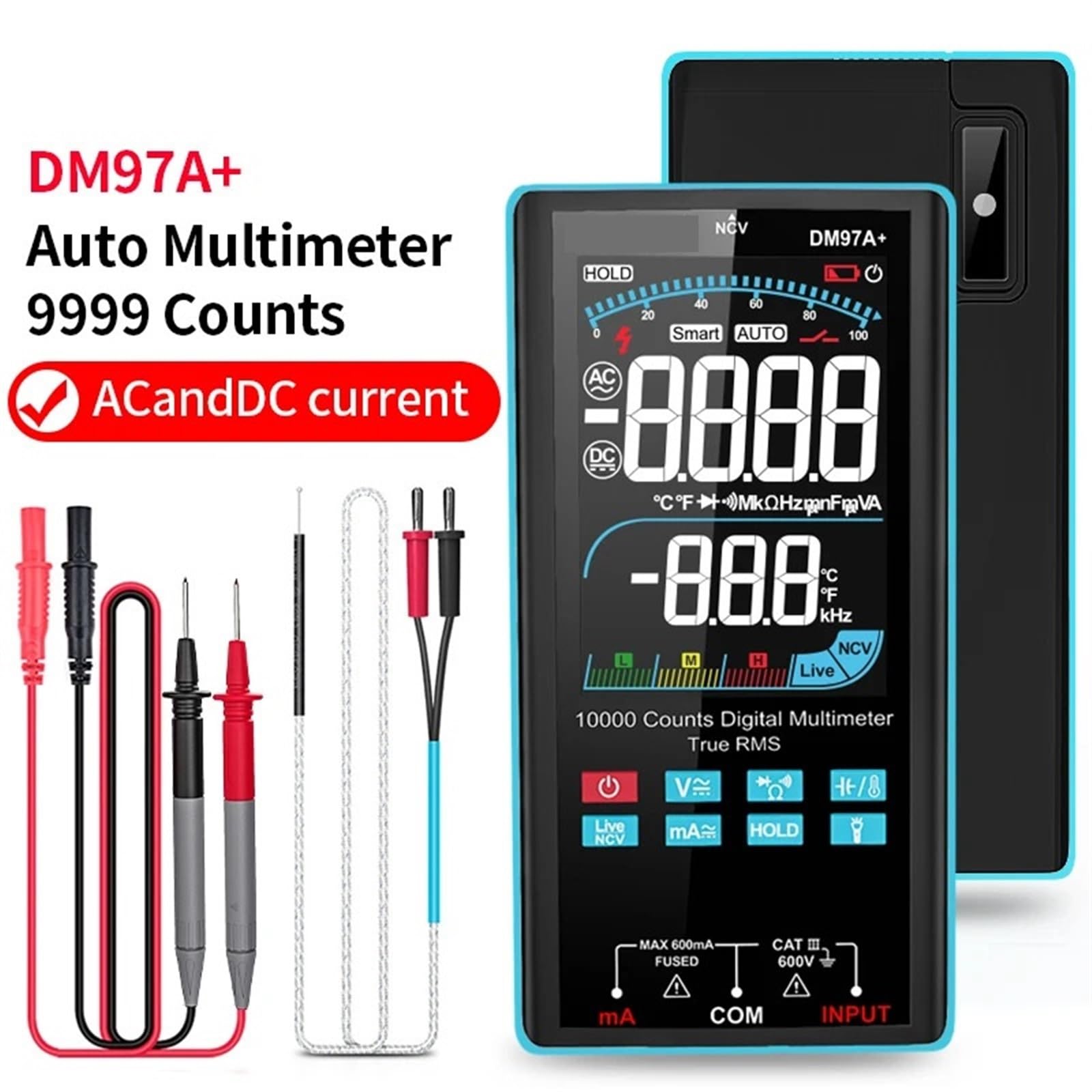Multimetro con schermo a colori da 10000 conteggi, misurazione della temperatura, multimetro intelligente, multimetro digitale a vero valore RMS NCV, misuratore di tensione(DM97A color)