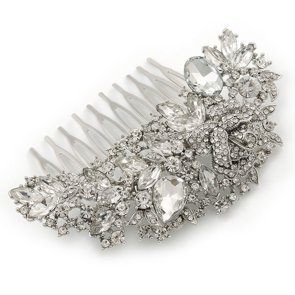 Pettine per capelli a forma di rosa, placcato al rodio, per sposa/matrimonio/ballo di fine anno/festa, 85 mm
