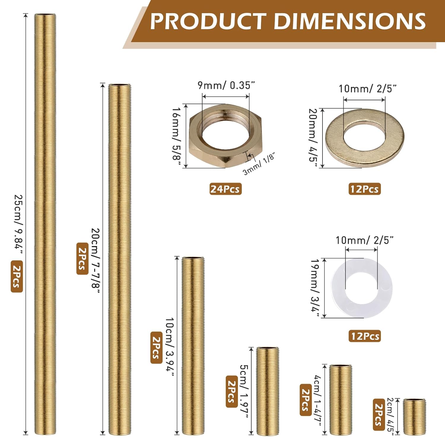 Brass Lamp Hardware - Threaded Pipe Rods & Assortment Including 10" Pipe Nipples, Washers & Locknuts