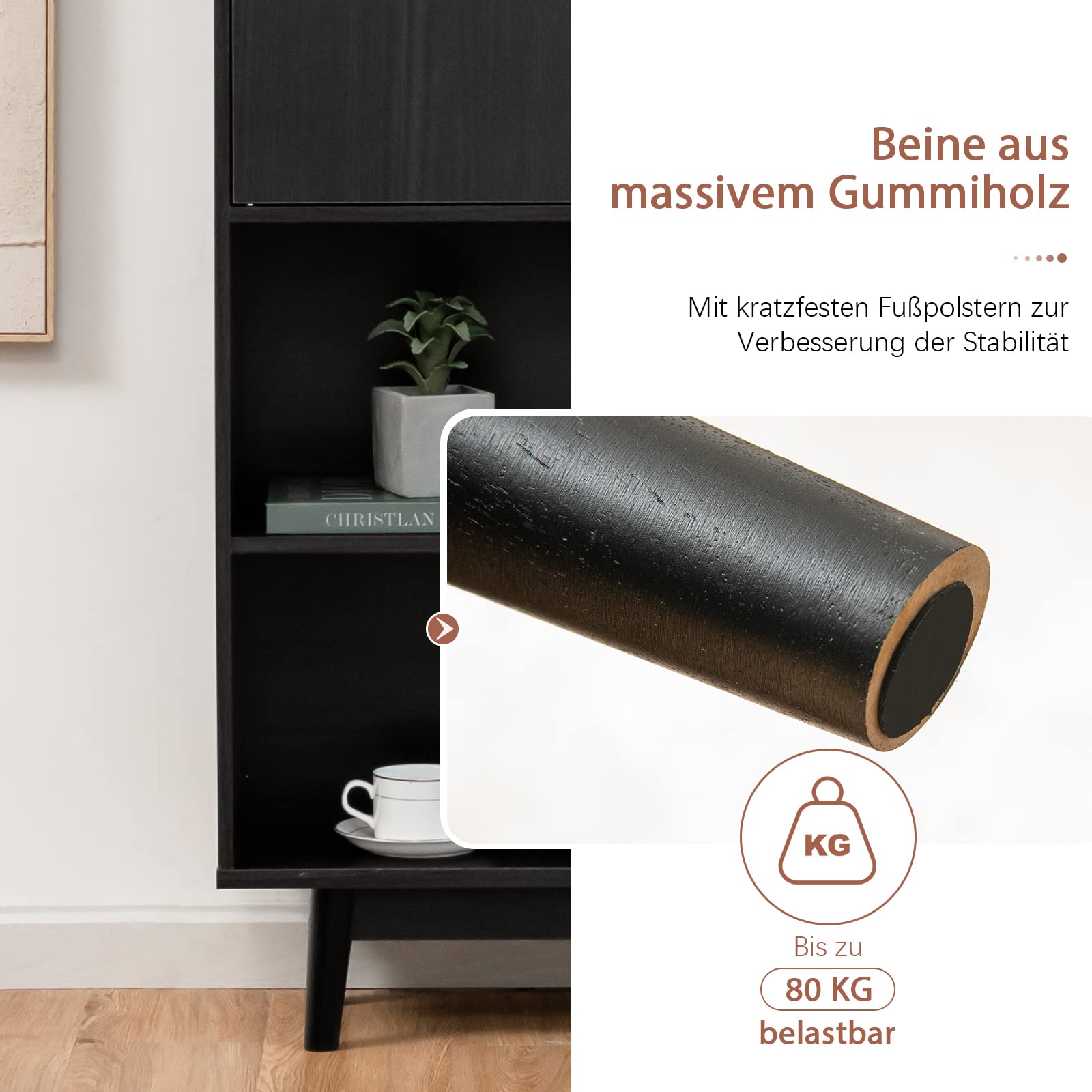 COSTWAY Bücherschrank mit 2 Türen und 4 offenen Regalen, Bücherregal Holz, Standregal, Holzregal, Aufbewahrungsregal für Wohnzimmer, Arbeitszimmer, Küche, 80 x 24 x 120 cm (Schwarz)