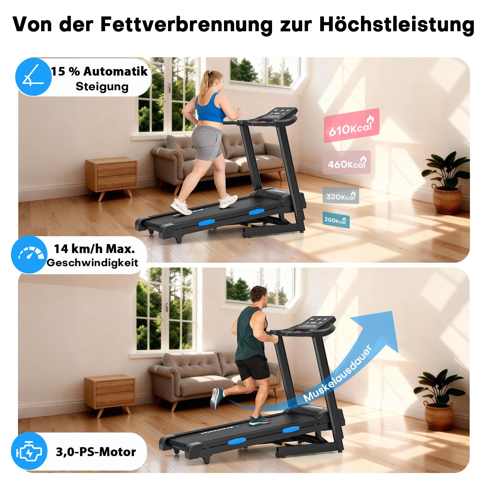 Laufband Für Zuhause Klappbar mit Automatischer Neigung 15%, Walking Pad 14KM/H, Laufband mit 3,0-PS-Motor, 12 Voreingestellte Programme und Fitness App, Fitnessgeräte Belastung 160Kg