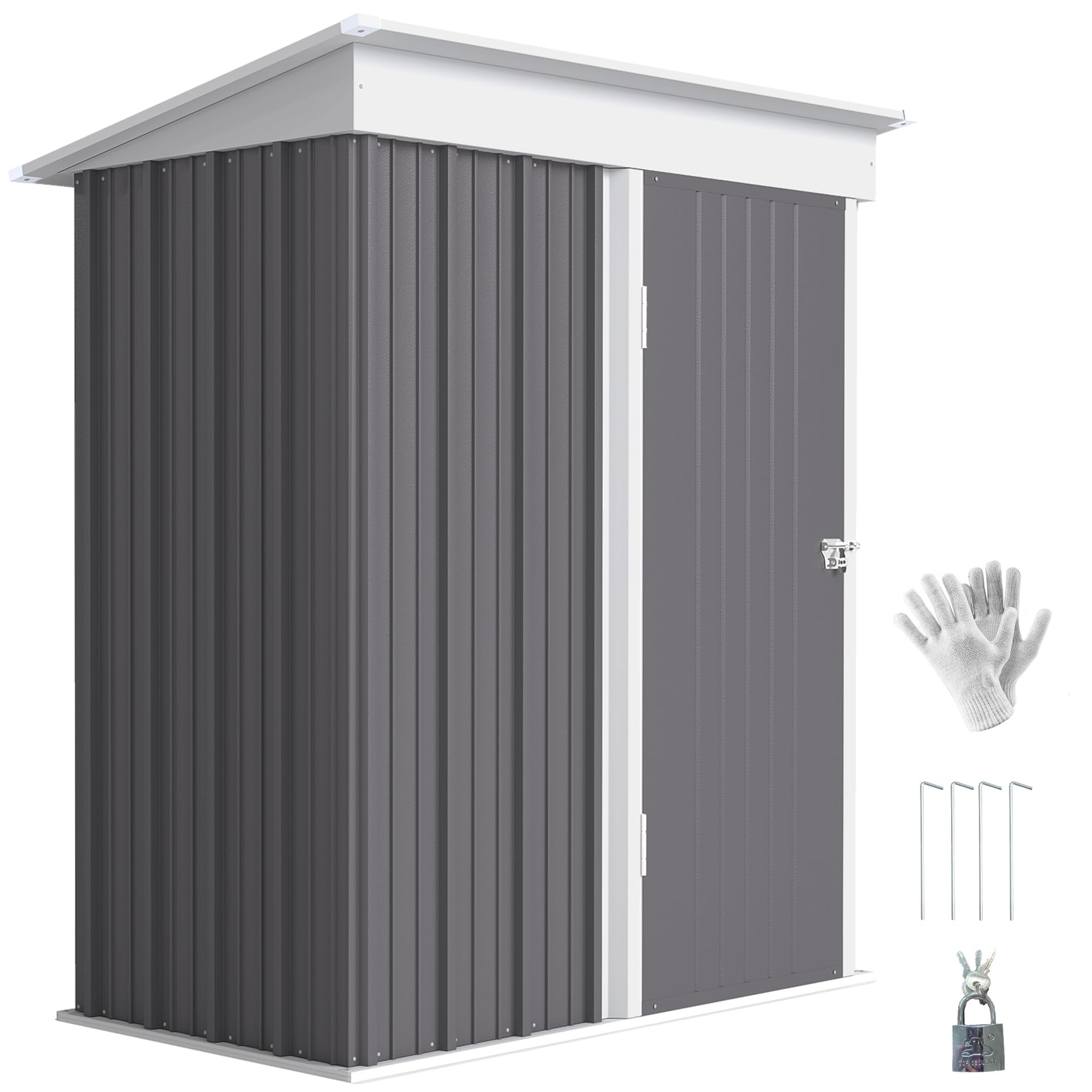 Outsunny Grey 5X3ft Garden Shed, Outdoor Metal Shed With Adjustable Shelf, Pent Roof, Lock And Gloves For Patio Tool Storage, With Foundation Kit