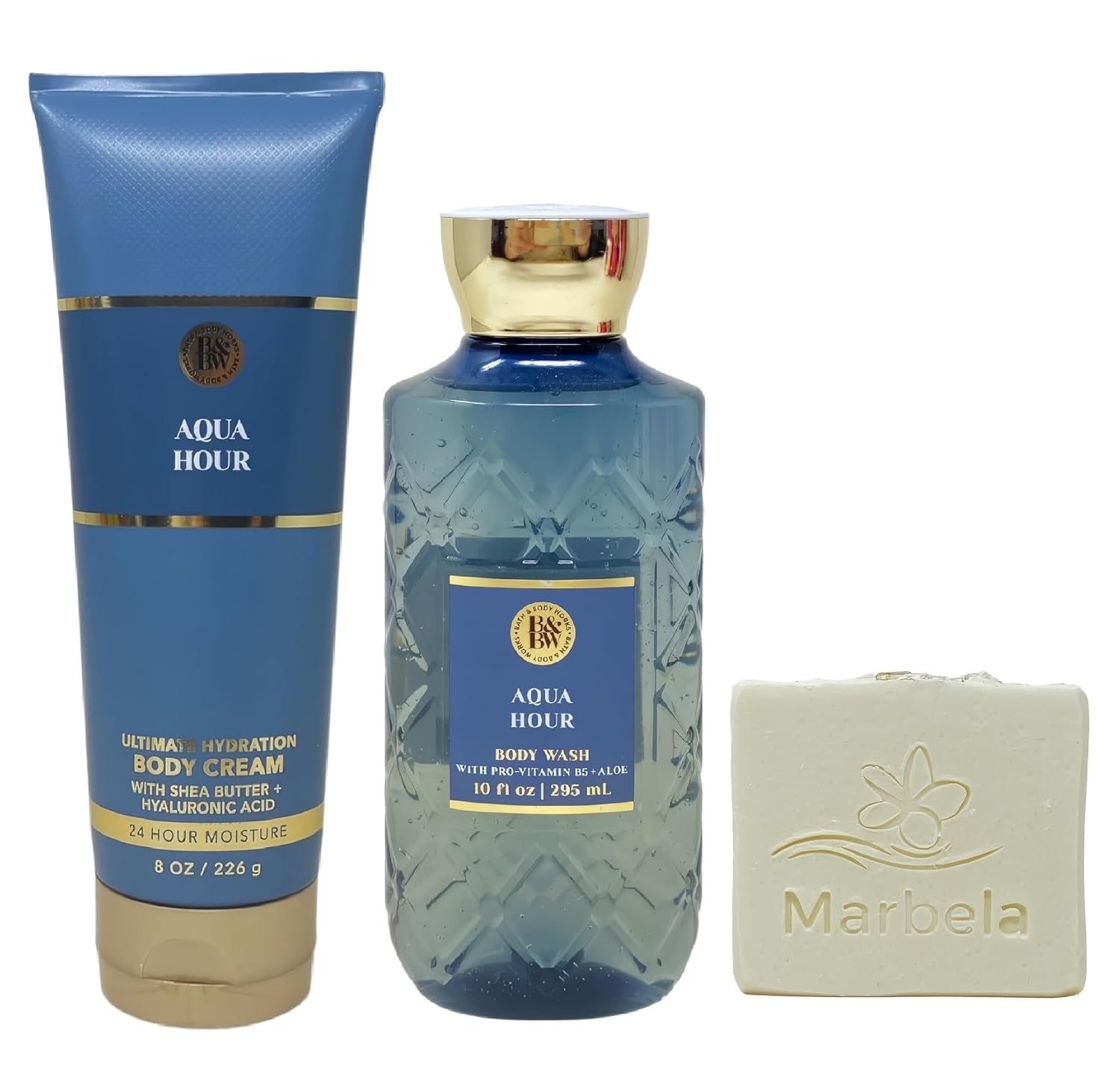 Bath & Body Works Aqua Hour Body Cream and Body Wash Duo Set with a Natural Oats Bar Soap - Full Size