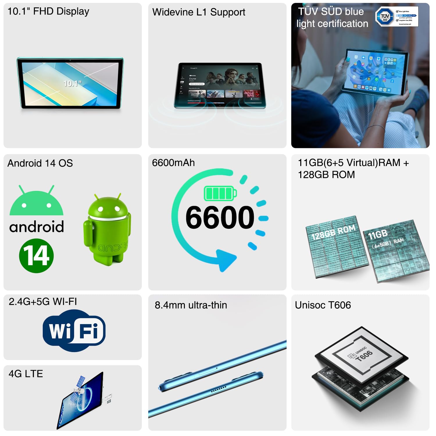 DOOGEE T10S Tablet Android 14, 11GB RAM+128GB ROM(TF 1TB), Tablet 10 Pollici, Octa-Core, 6600mAh, Dual 4G LTE/SIM, 8MP+5MP Fotocamera, Tablet in Offerta, TÜV SÜD Protezione Occhi, Widevine L1