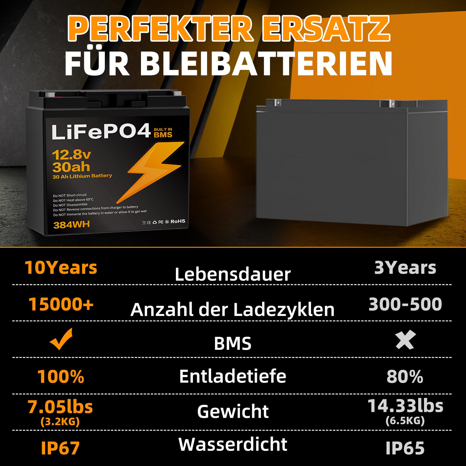 12V 30Ah Batteria LiFePO4, 15000 cicli di Scarica Profonda BMS 384Wh Adatta per moto Tosaerba Viaggi in Camper Barche Campeggio Ecoscandagli e Impianti Solari