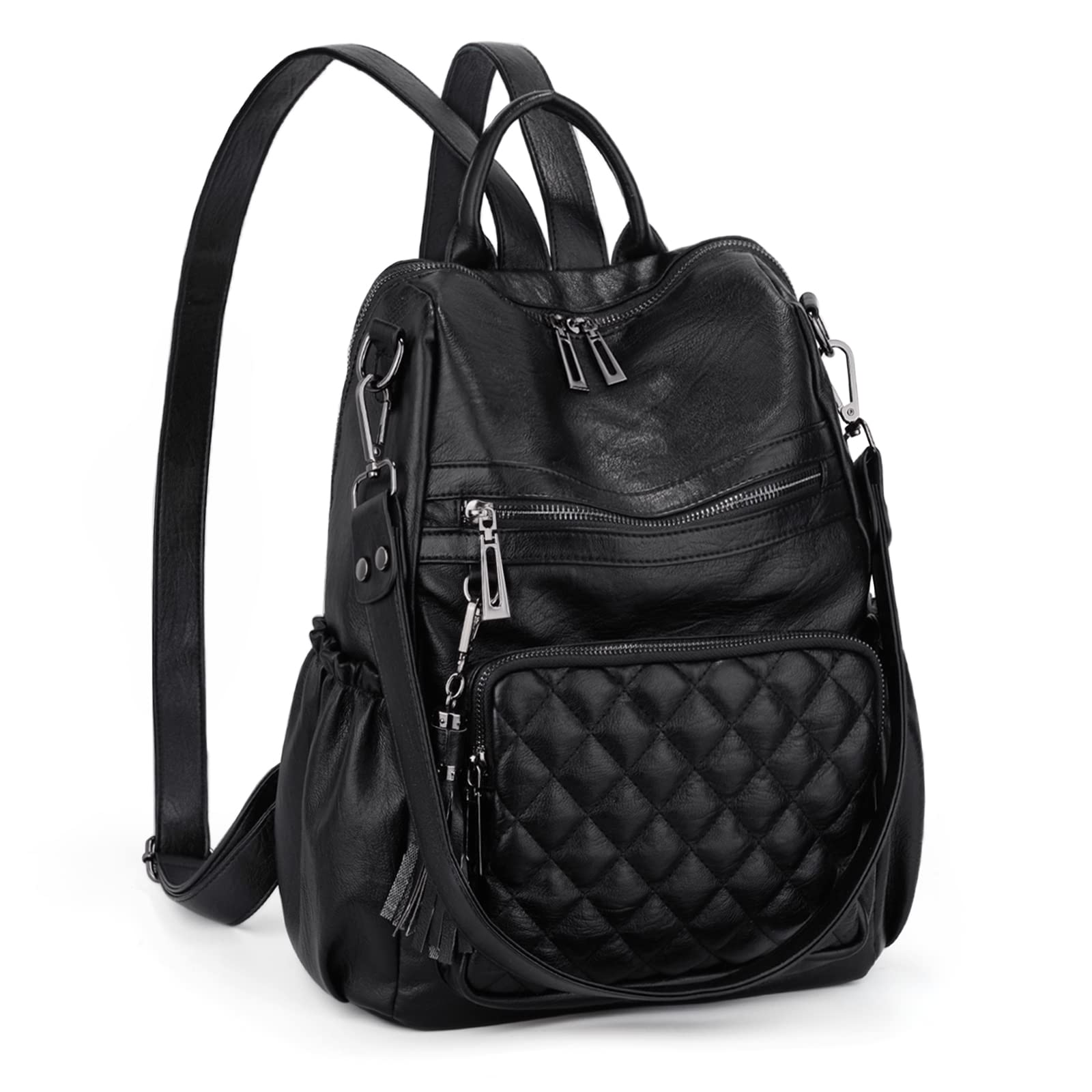 UTO Damen Rucksack PU Washed Leder Modischer Multifunktionsrucksack mit Quastendesign Lässige Schultertaschen Frauen Tasche mehres Kompartiment Schule Schulrucksack Damen-Rucksackhandtaschen - 1