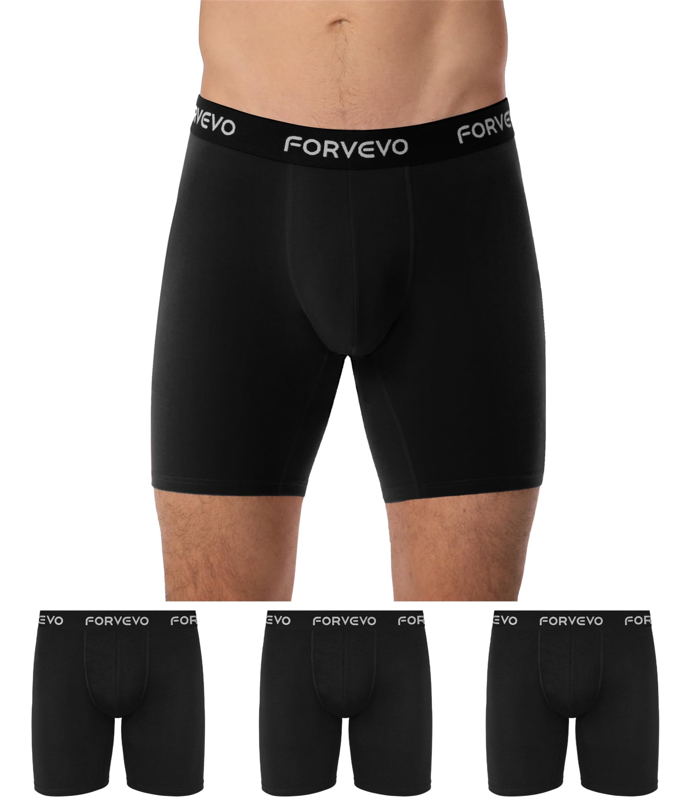 FORVEVO Confezione da 3 boxer da uomo, in cotone, a gamba lunga, traspiranti, anti sfregamento, senza etichette pruriginose (M-XXL), Nero , XXL