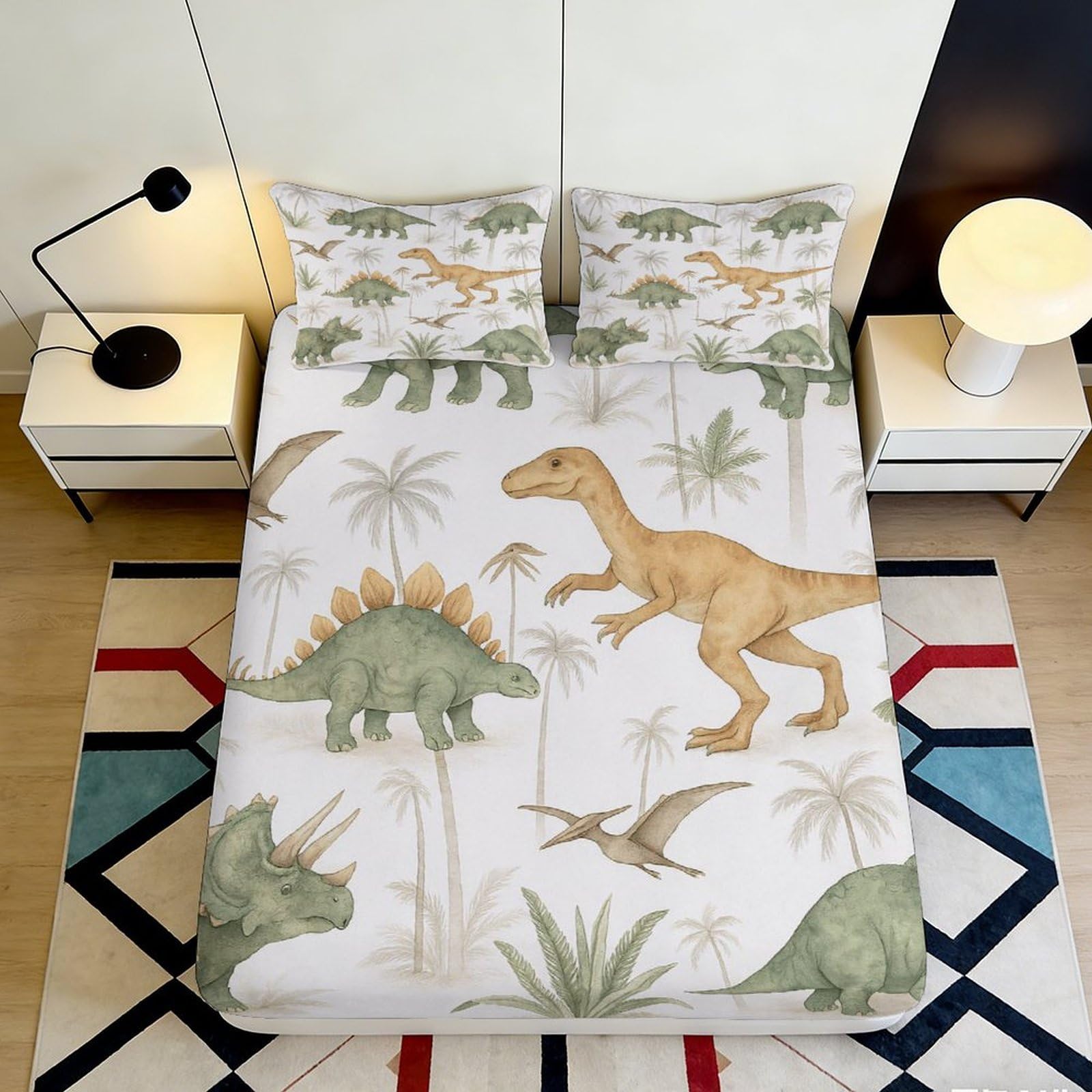 3D Printed Dinosaur Jungle Fitted Sheet Microfiber Soft Breathable Prehistoric Animal Bed Cover for Bedroom Guest Room Mattress Protection Decor 180x200x25cm