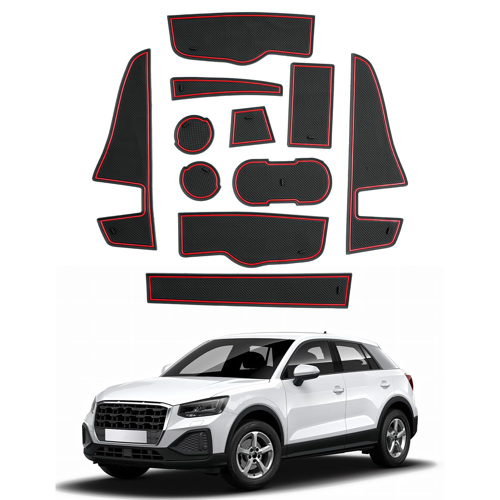 CDEFG Kompatibel mit Audi Q2 2016-2024 2025 Gummimatten Mittelkonsole Antirutschmatten rutschfest Auto Gummi Matte Q2 2025 Zubehör (Rot)
