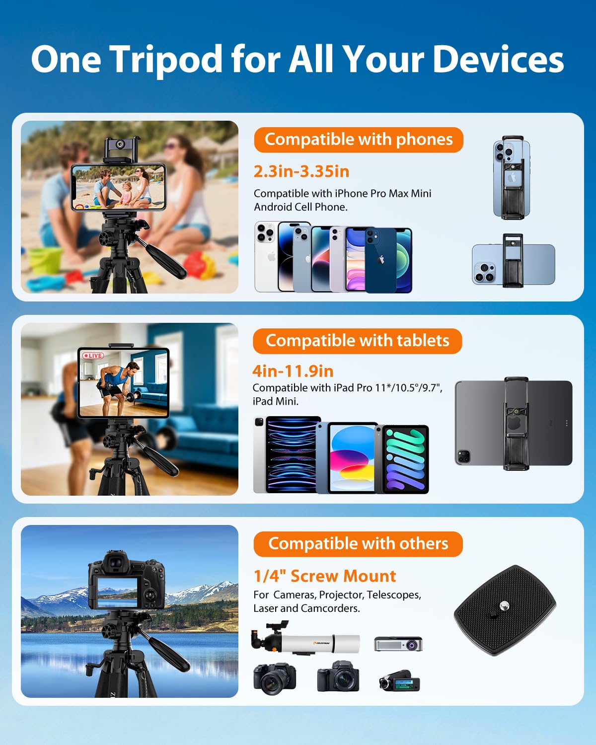 Trípode de cámara, 190,5 cm, para iPad iPhone, aluminio resistente, cabezal de rótula de 360°, compatible con DSLR Canon/Nikon/Sony, 6,8 k de carga, viajes, transmisión en vivo, grabación macro