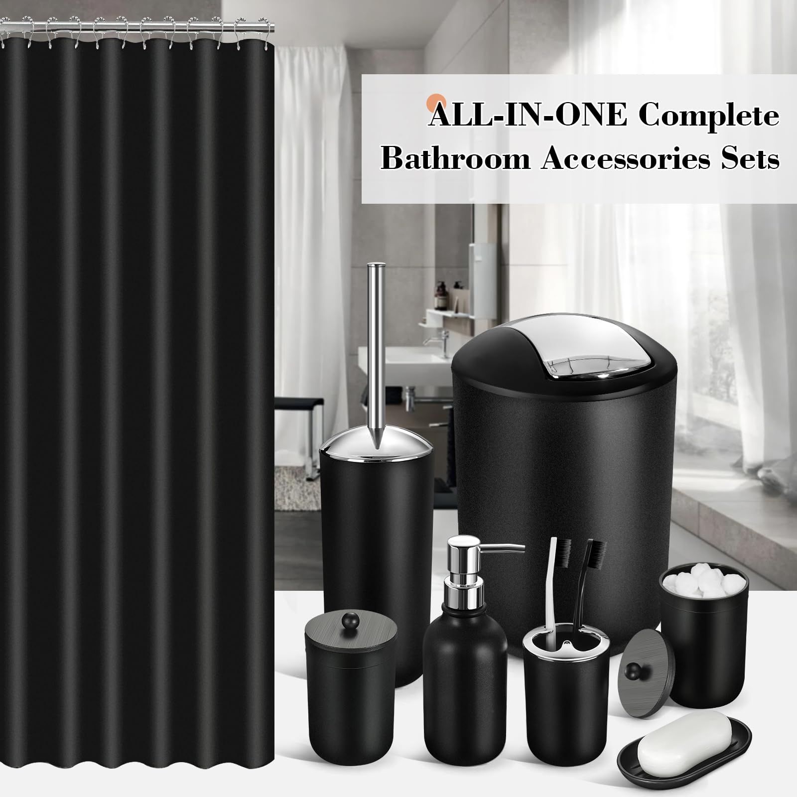 Juego de 20 cortinas de ducha con ganchos, juego de accesorios de baño negros con papelera, juego de accesorios de baño completo con juego de cortina de ducha, juego de accesorios de baño