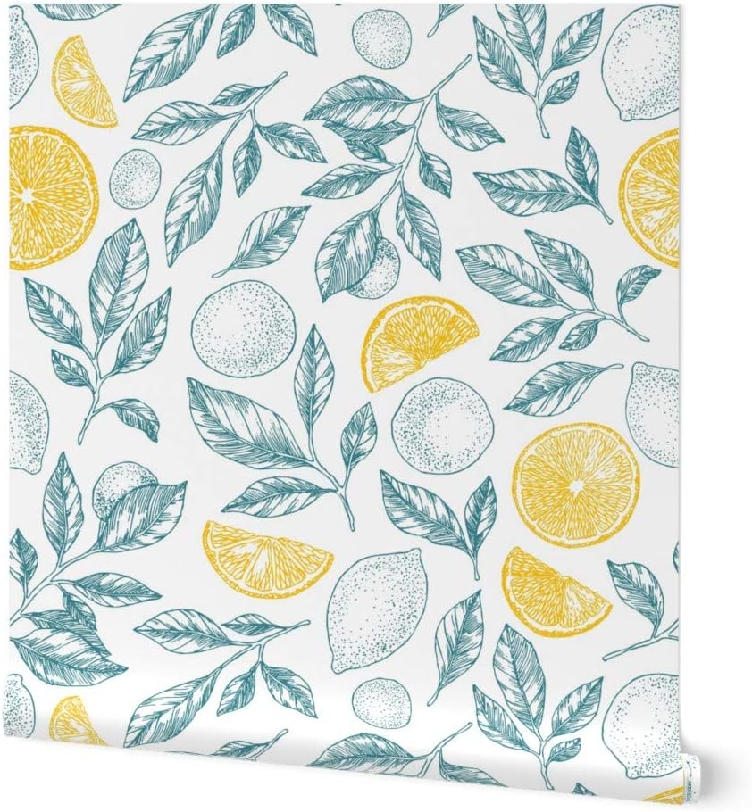 Peel & Stick Wallpaper 9ft x 2ft - Pastel Watercolor Lemon Botanical Citrus Summer Kitchen Light Blue Custom Removable Wallpaper by Spoonflower