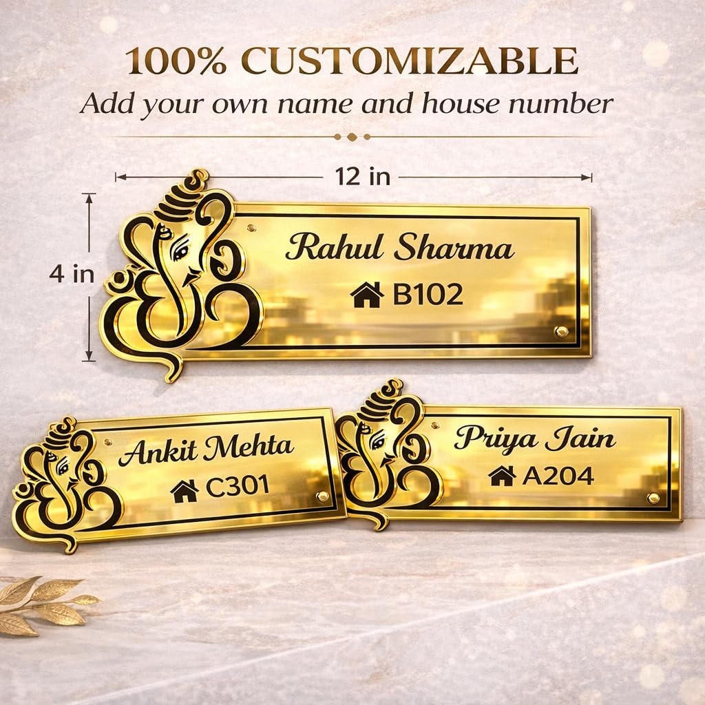 Custom Golden Mirror Acrylic Name Plate with Ganesha | Personalized House Nameplate with Name & Flat Number | Premium Door Wall Name Sign for Home Entrance 6 x 12 inch (Golden Mirror & Black)