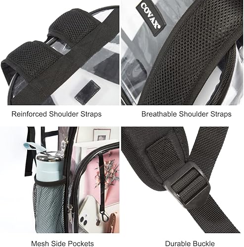 Miniatura 7 de COVAX Mochila transparente, bolsas transparentes transparentes, mochila transparente de PVC resistente al agua para escuela, trabajo, seguridad,