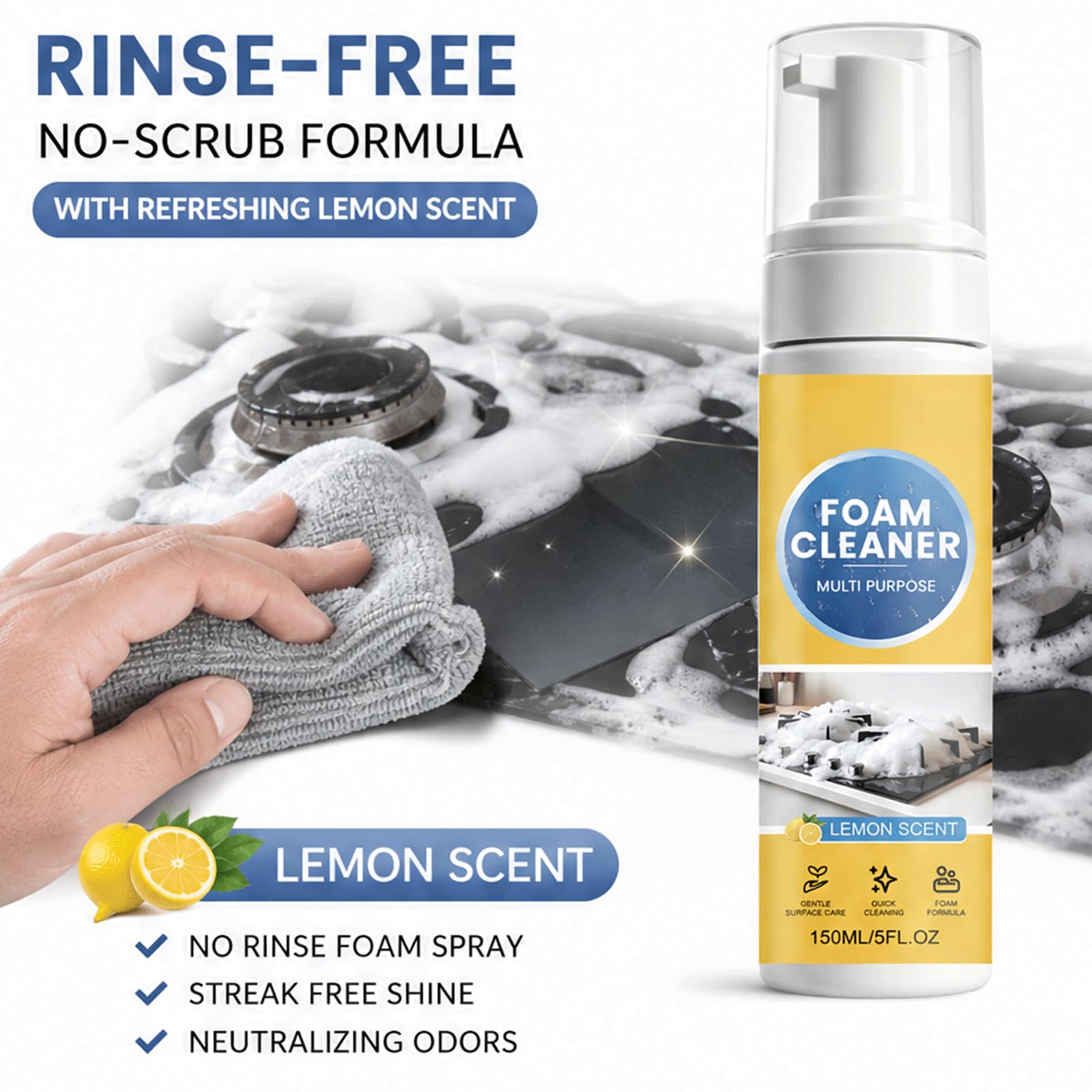Aroma de limón Spray de espuma limpiadora multiusos sin enjuague para trabajo pesado - Potente desengrasante de cocina, limpiadores domésticos para todo uso, (5 piezas)