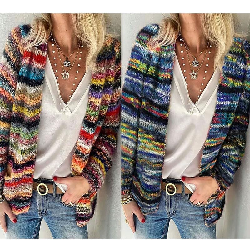 Mywinway Striped Cardigan Sweaters for Women Fall Open Front Long Sleeve Knit Colorful Multicolored Sweater Top Outerwear4
