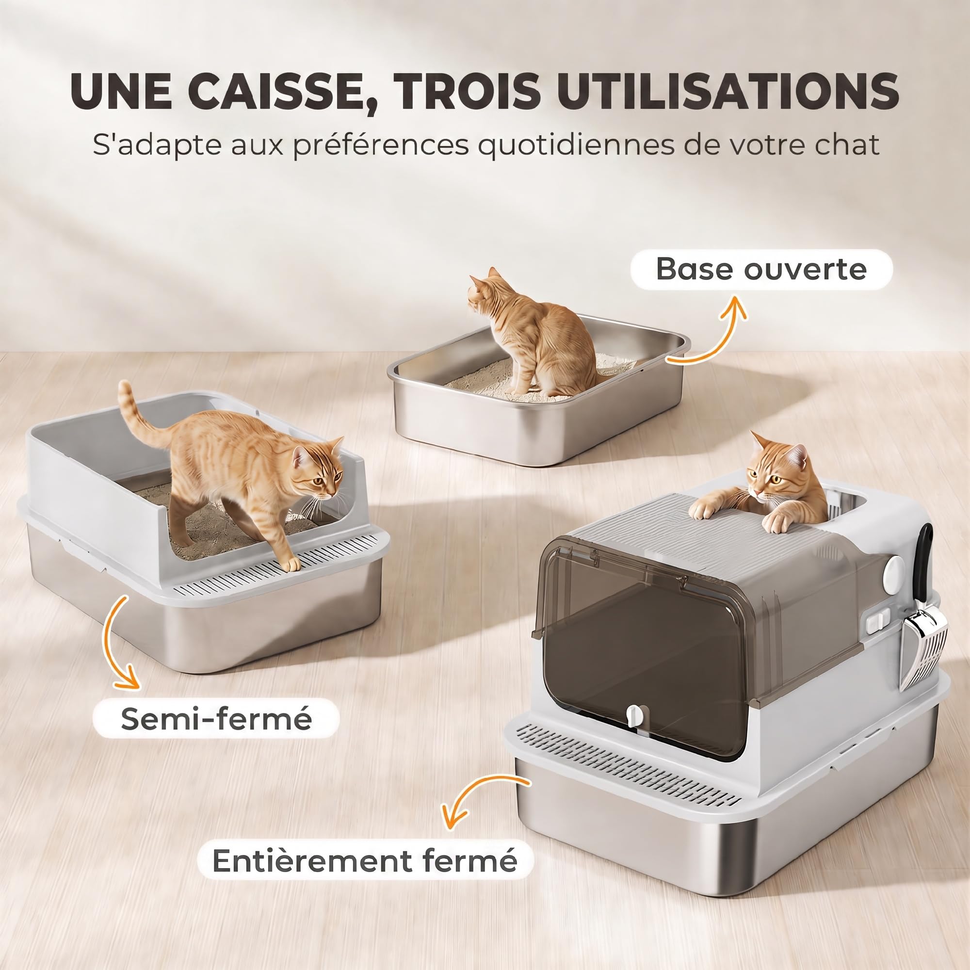 PawHut Maison de Toilette pour Chat XXL en Acier Inoxydable - Bac à Litière Fermé pour Grand Chat, Couvercle 90°, Double Porte, Filtre Frontal, Pelle - Facile à Nettoyer, 70x50x46,5cm, Gris