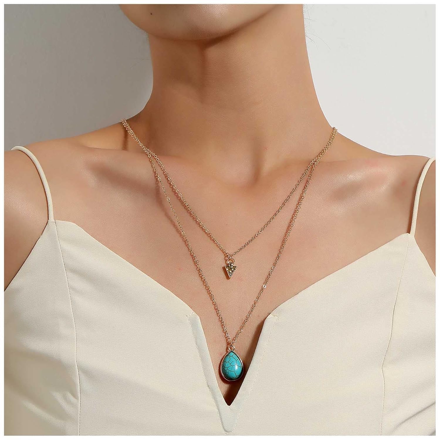 Boho Layered Turquoise Necklace Turquoise Gemstone Pendant Necklace Teardrop Turquoise Necklace Chain Gold Geometric Triangle Choker Necklace Jewelry for Wome - Image 2