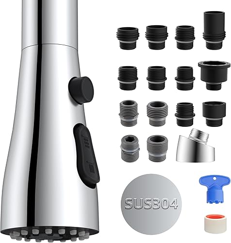 Hibbent Cabezal de pulverización de metal desplegable para grifo de cocina, boquilla rociadora para fregadero de cocina con 12 adaptadores, repuesto