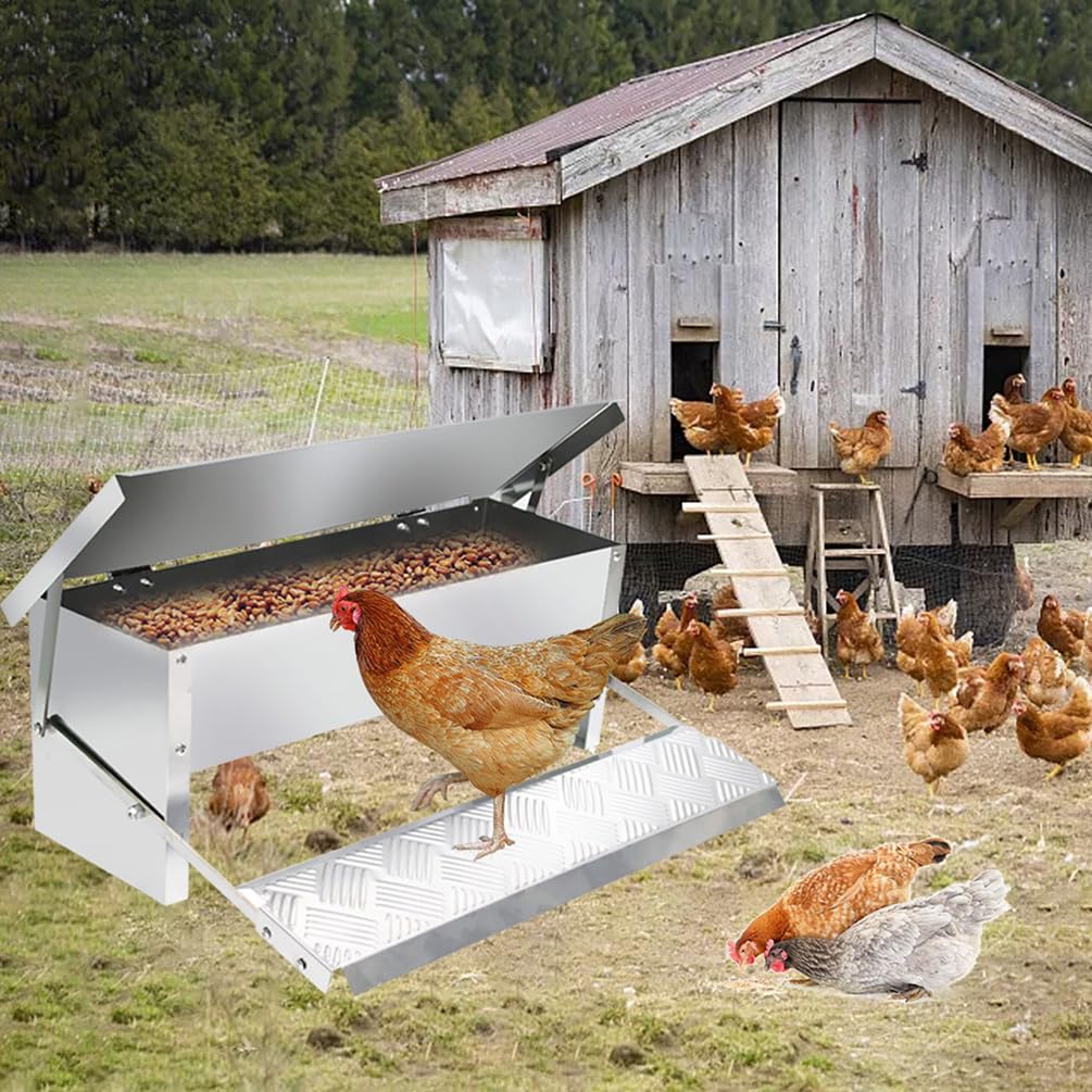 WYRNOBRX Treadle Chicken Feeder Automatic Chicken Feeders Large Metal Poultry Feeding Outdoor Coop Food Dispenser with Rain Cover for Chickens, Ducks, And Geese No Waste,Silver,L51*H19*W20