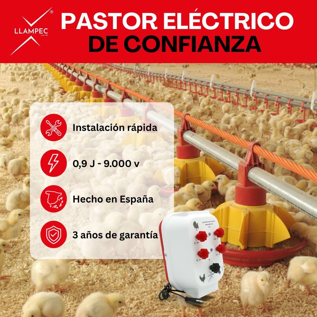 Llampec Pastor Eléctrico Avícola PASAVIO004 – 0,9J y 9.000V – Protección para Comederos y Bebederos en Granjas Avícolas – Evita que las Aves se Posen y Ensucien las Instalaciones – Fabricado en España