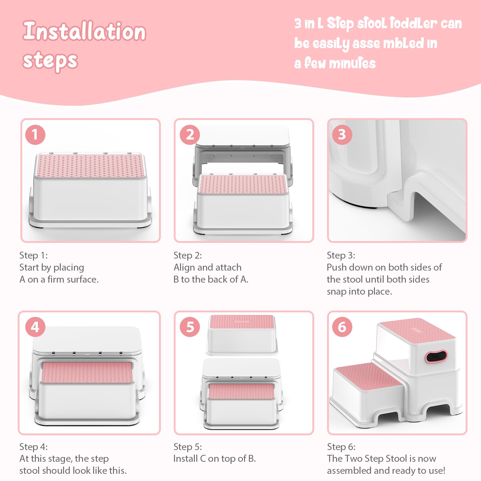 Victostar 2-Tritthocker für Kinder, rutschfest, stabil, für Kleinkinder, 2-stufig, für Toiletten-Töpfchentraining, Badezimmer, Küche (rosa)