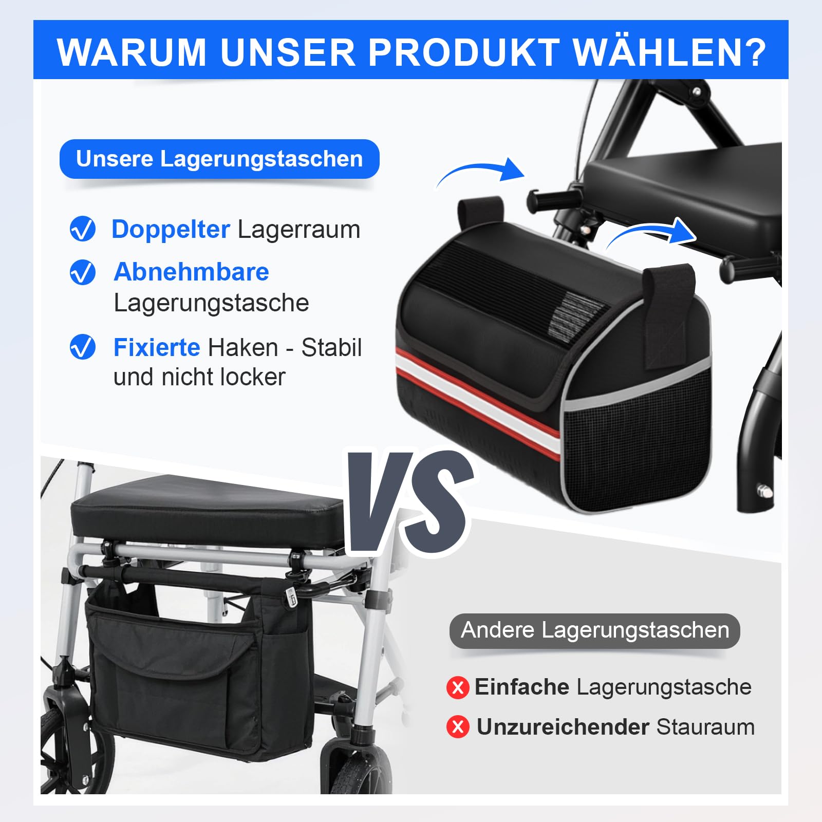 Andador plegable y ligero con asiento, andador para personas mayores de hasta 160 kg, con ruedas de 8 pulgadas y dirección de 360°, altura regulable en 6 posiciones, adecuado para uso diario