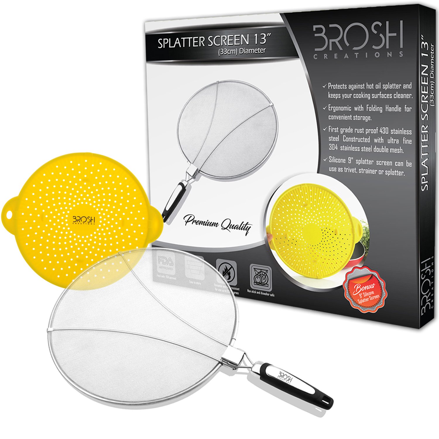 Ultimate 13" Stainless Steel Grease Splatter Screen Extra-Strong splatter Guard-with Folding Handle & Double Mesh- Plus 9" Silicone grease guard /Trivet/Strainer For Frying & Cooking Pans