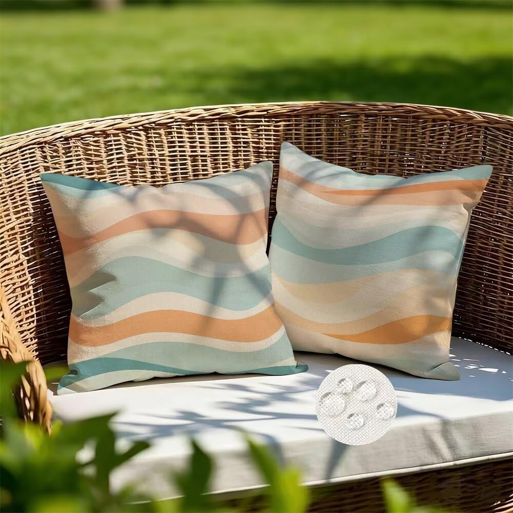 Outdoor Cushions Waterproof Colourful Cushion Covers 40cm x 40cm Set of 2 Waves Garden Cushions Abstract Cushion Cover Decorative Pillows Linen Throw Pillow Case for Couch Sofa Patio Garden (IU207)
