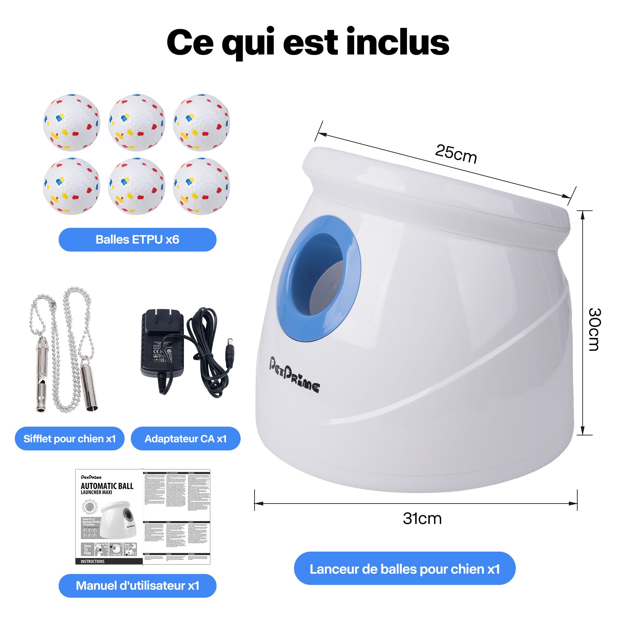 Pet Prime Lanceur de balles Automatique pour Grands Chiens – 6 balles E-TPU 6,35 cm + sifflet – Portée réglable de 3 à 20 m (3 Niveaux de tir) – Batterie Rechargeable – Jouet interactif