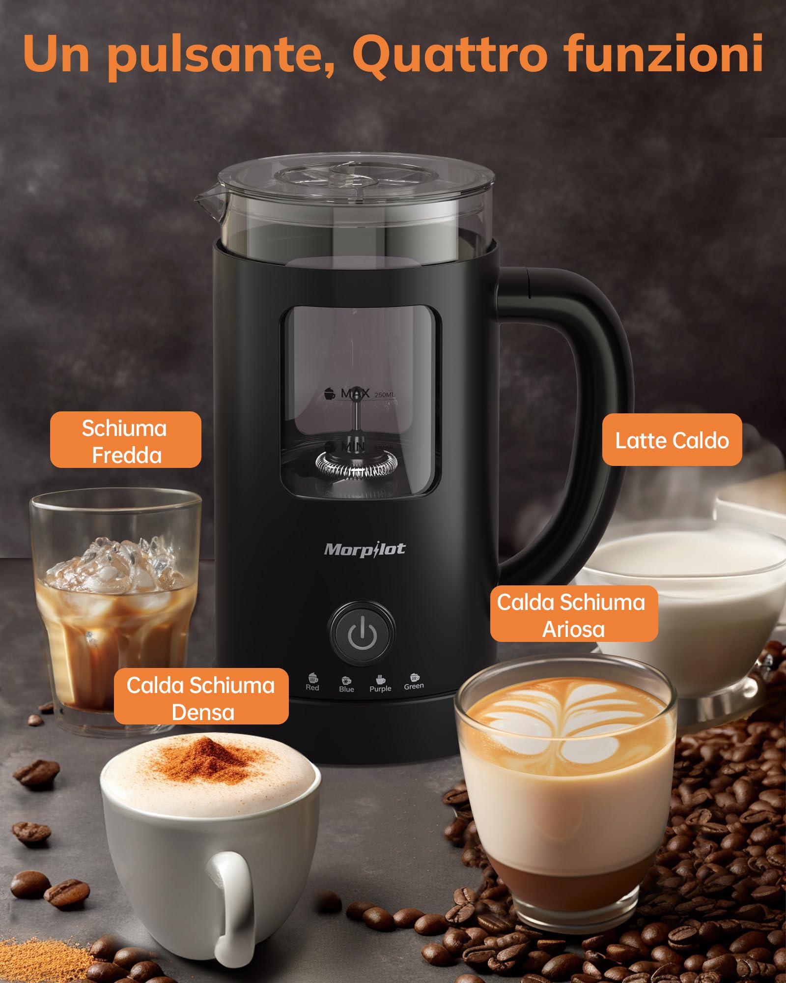 Morpilot Montalatte Elettrico, Montalatte Caldo e Freddo 4 in 1, 550 W 600 ml, Design Latte, Vetro di Visualizzazione, Spegnimento Automatico, Facile da Pulire